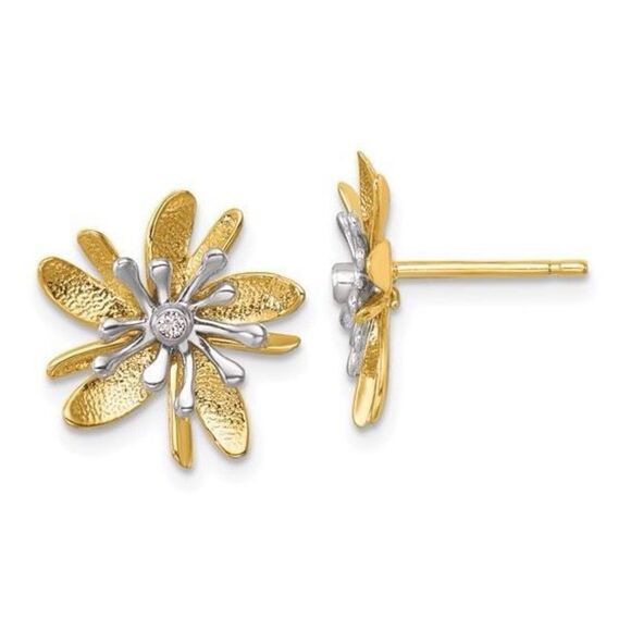 Herco 14K Two-tone Polished and Textured Diamond Flower Post Earrings - Picture 1 of 5